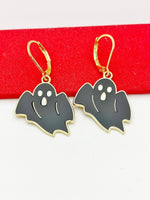 Cute Ghost Earrings, Hypoallergenic Earrings, Gold Black Ghost Charm, Halloween Jewelry Gift, Dangle Hoop Lever-back Earrings, L320