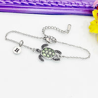 Silver Sea Turtle Bracelet, Beautiful Green Sea Turtle Charm, Bolo Bracelets option, Personized Initial Bracelet, N4977
