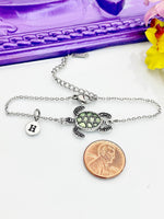 Silver Sea Turtle Bracelet, Beautiful Green Sea Turtle Charm, Bolo Bracelets option, Personized Initial Bracelet, N4977