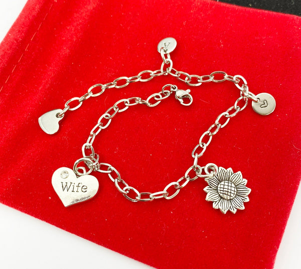 Silver Wife Sunflower Heart Charm Bracelet - Lebua Jewelry, Personalized Customized Gifts, N964A