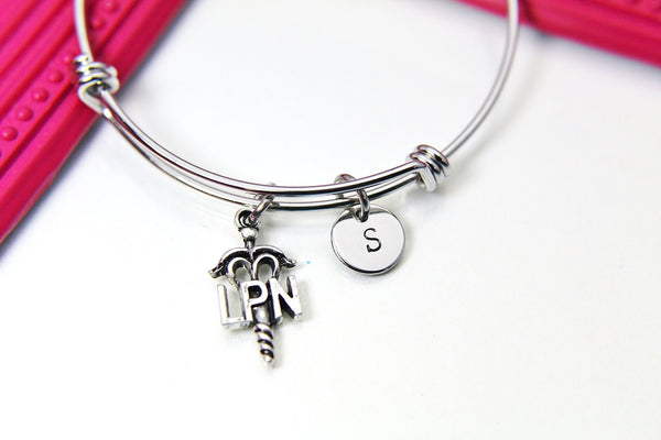 Silver LPN Caduceus Charm Bracelet - Lebua Jewelry, LPN Caduceus Nursing School Jewelry Gifts, Personalized Customized Gifts, N1876A