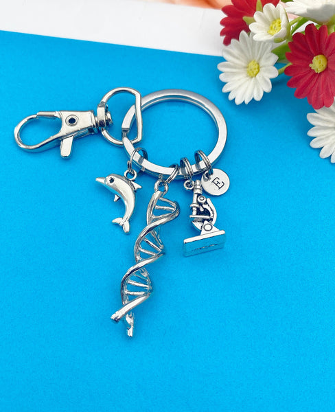 Biologists Keychain Gifts, DNA, Microscope, Dolphin, - Lebua Jewelry, Personalized Customized Monogram Made to Order Jewelry, N5423