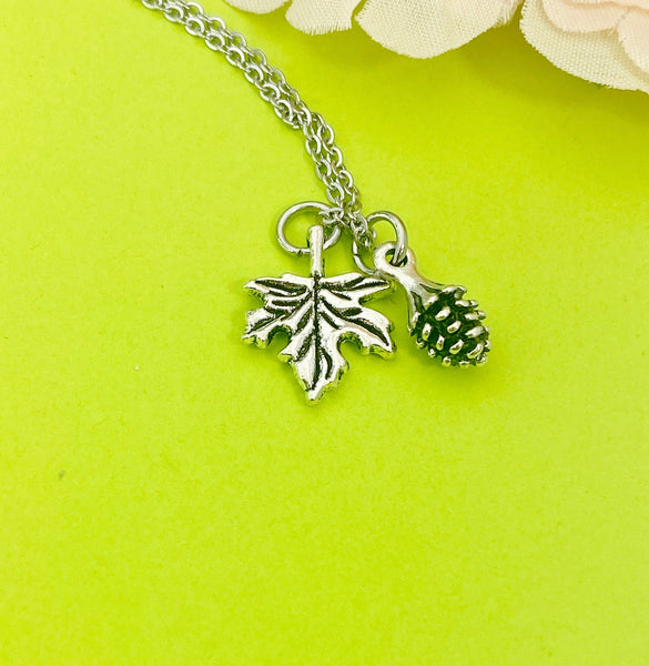 Silver Pinecone Maple Leaf Charm Necklace Gifts Ideas - Lebua Jewelry, Personalized Customized Monogram Made to Order Jewelry, N5456